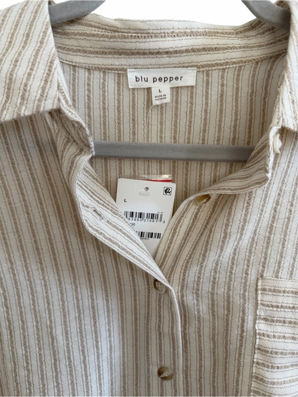 Blu Pepper Cream and Beige Striped Short Sleeve Button-Up Shirt - Picture 3 of 5